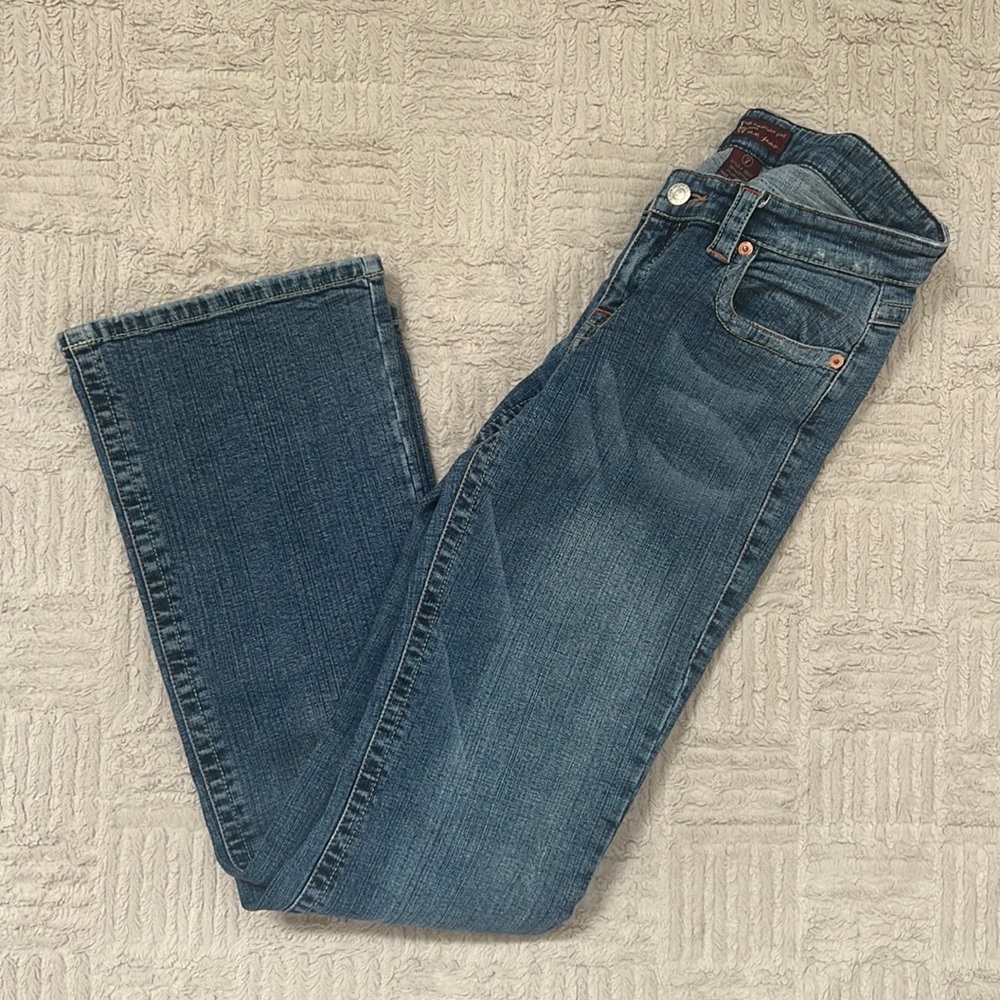 All American Girl Wax Jean size 7, button flap pockets, blue, distressed, JB037